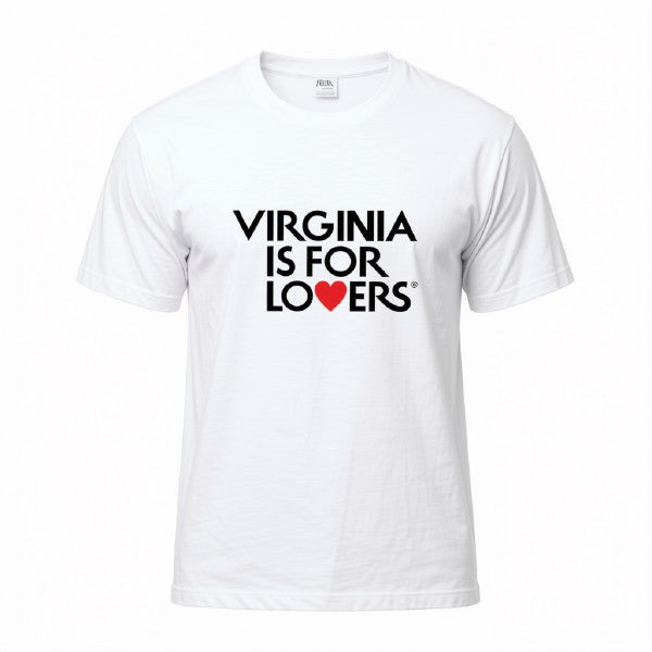 A white short-sleeve crewneck t-shirt with the text 'VIRGINIA IS FOR LOVERS' printed on the chest in black, where the letter 'O' is replaced by a red heart.