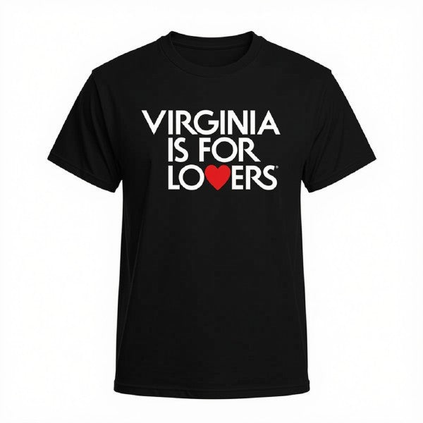 A black short-sleeve crewneck t-shirt with the text 'VIRGINIA IS FOR LOVERS' printed in white, where the letter 'O' is replaced by a small red heart, shown on a plain white background.