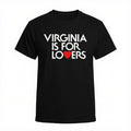 A black short-sleeve crewneck t-shirt with the text 'VIRGINIA IS FOR LOVERS' printed in white, where the letter 'O' is replaced by a small red heart, shown on a plain white background.