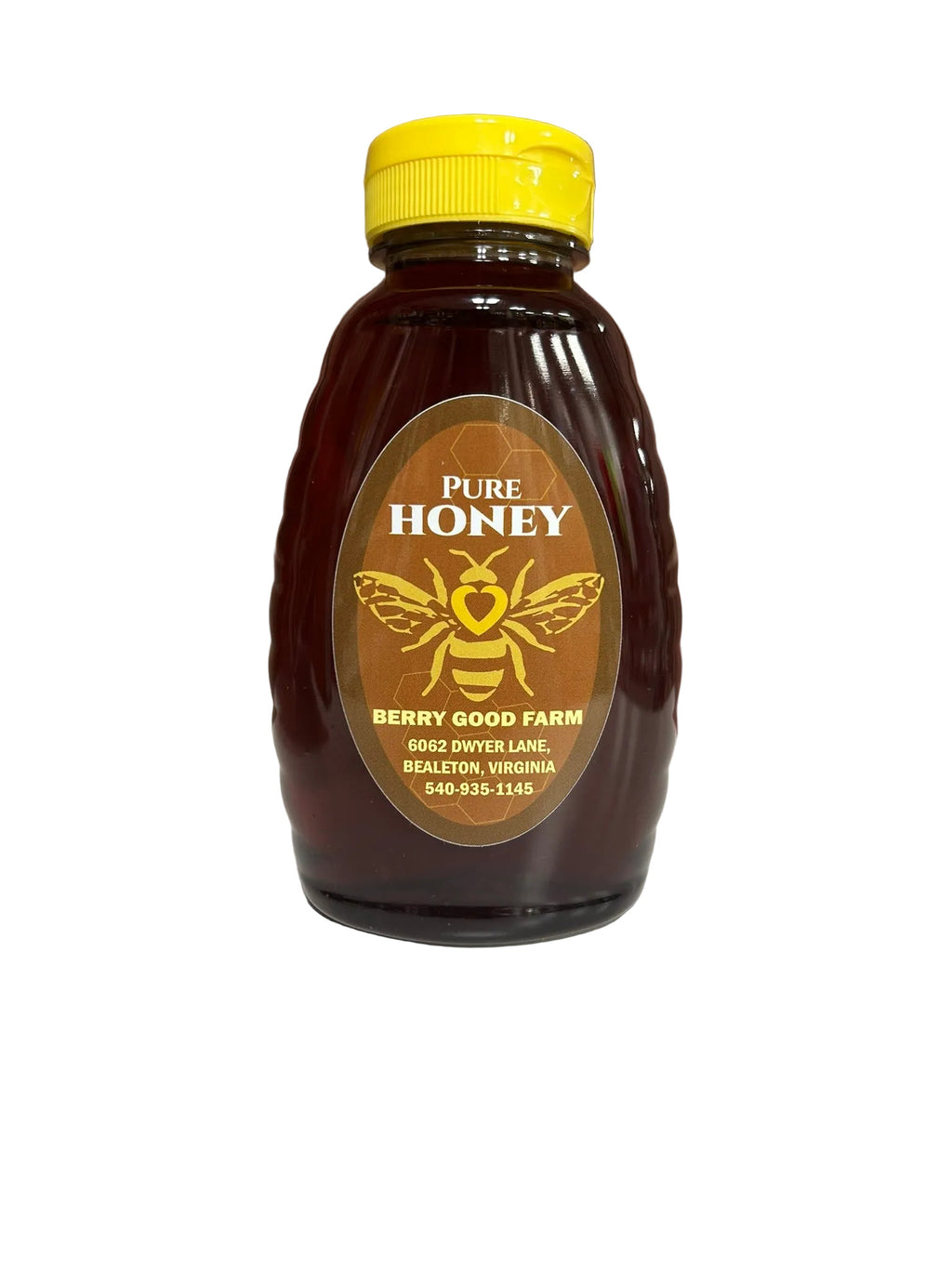 Bottle of pure honey with a yellow cap on a white surface 