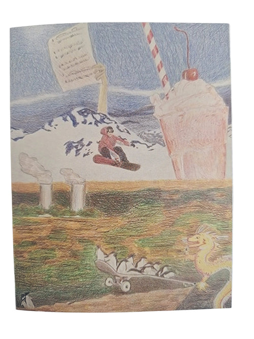 A square art print or card featuring a whimsical, hand-drawn scene with a pink drink topped with a cherry and straw, a snowboarder, a handwritten note, and a grassy area with a shark illustration, shown against a plain white background.