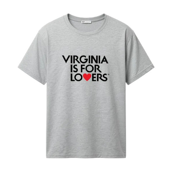 A light heather gray short-sleeve t-shirt with the text 'VIRGINIA IS FOR LOVERS' printed in black across the chest, where the word 'LOVERS' is completed by a red heart symbol.