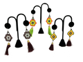 A set of handmade beaded earrings displayed on black T-shaped jewelry stands against a solid white background. The earrings feature colorful geometric and floral beadwork with tassels in brown, green, yellow, orange, and silver.