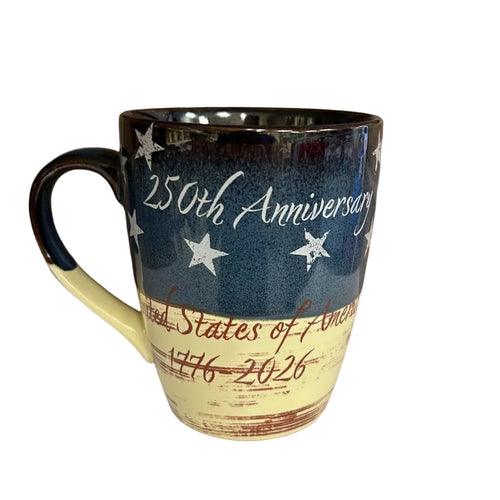 Mug with '250th Anniversary' text and stars on a blue and beige background
