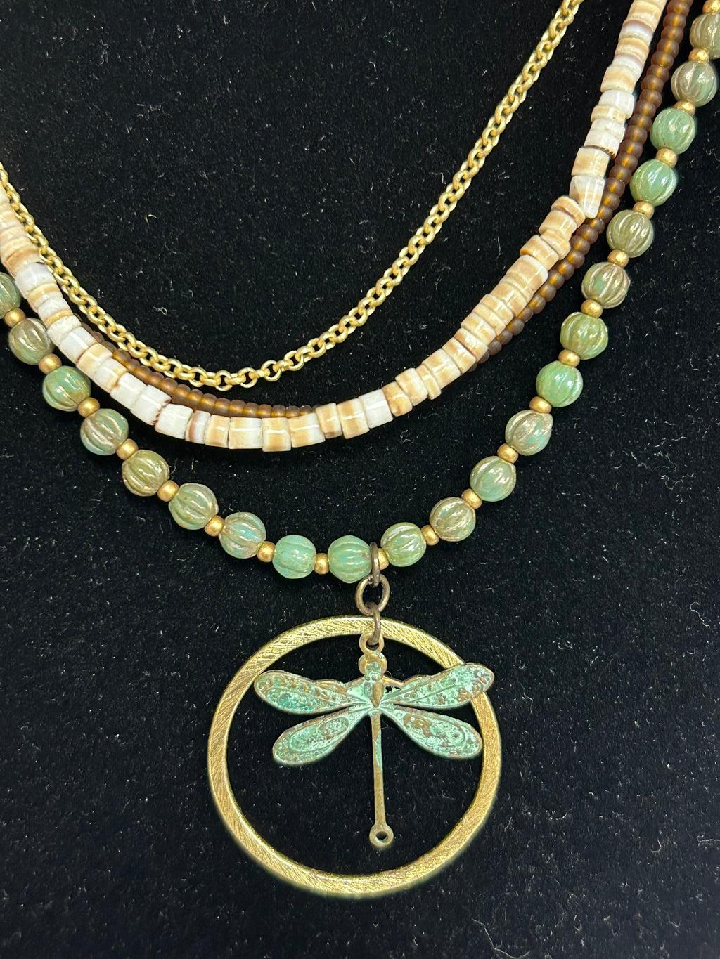 Rustic Creek Shell, Heishe, Czech Glass Dragonfly