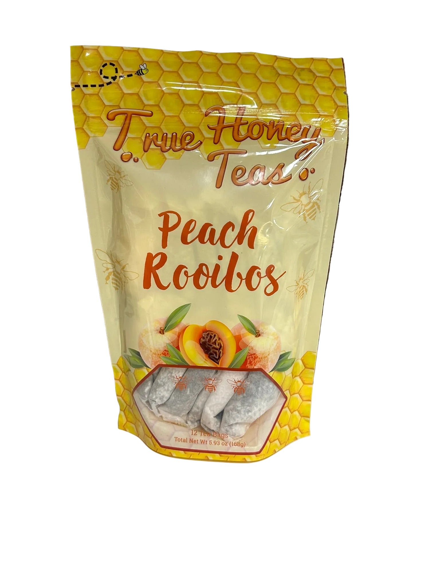 Packaging of True Honey Teas Peach Rooibos on a white surface 