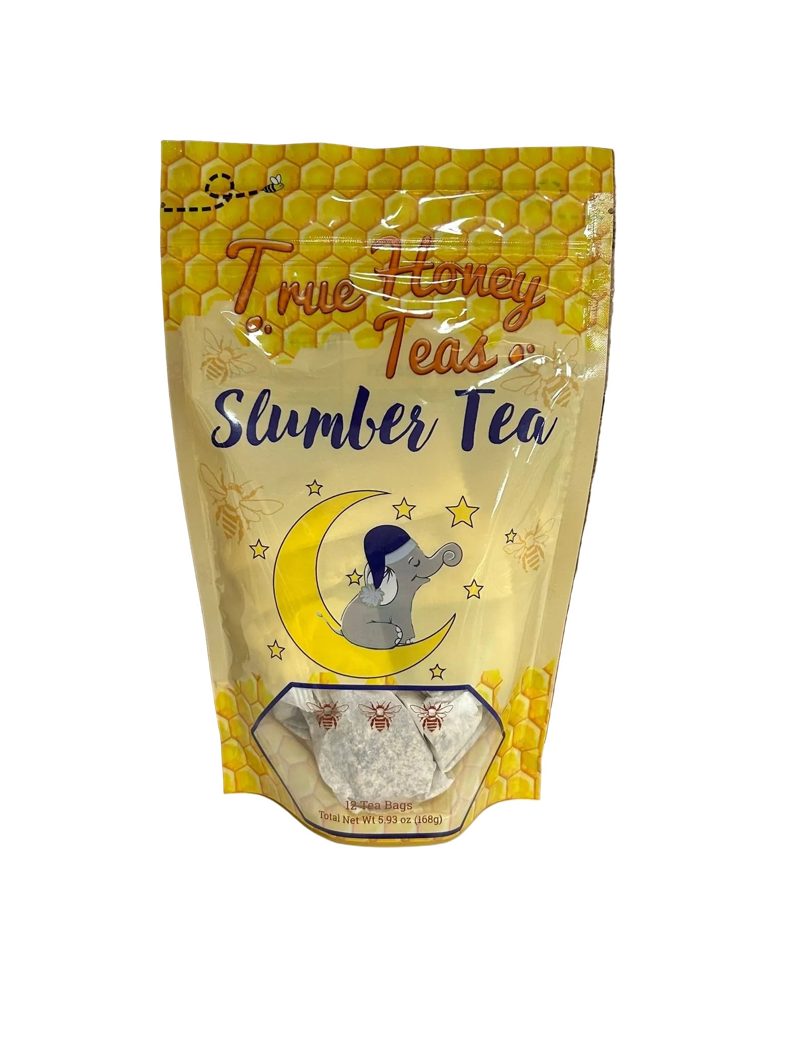 Packaging of True Honey Tea Slumber Tea with honeycomb design 