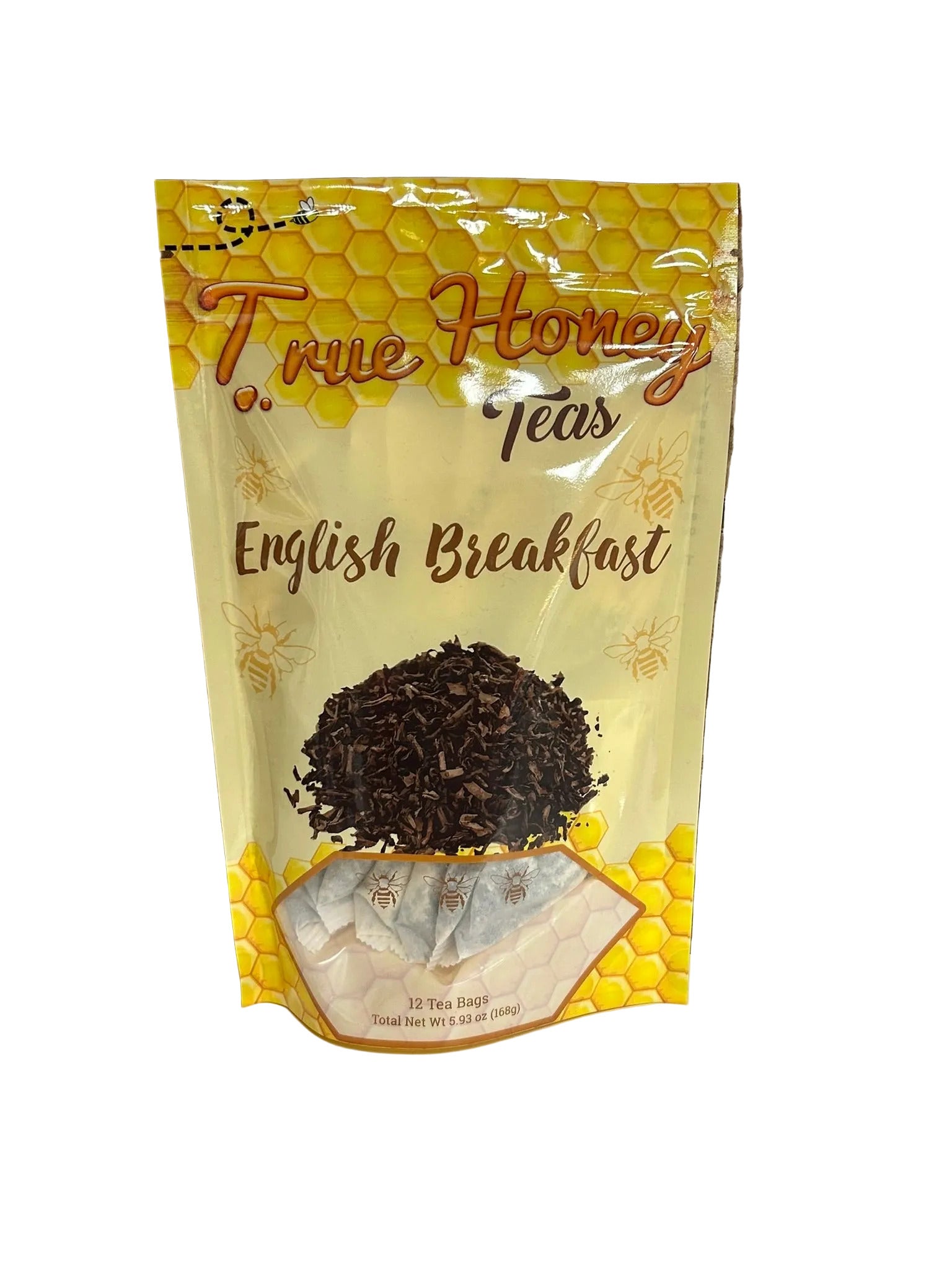 Packaging of True Honey Teas English Breakfast tea with honeycomb design