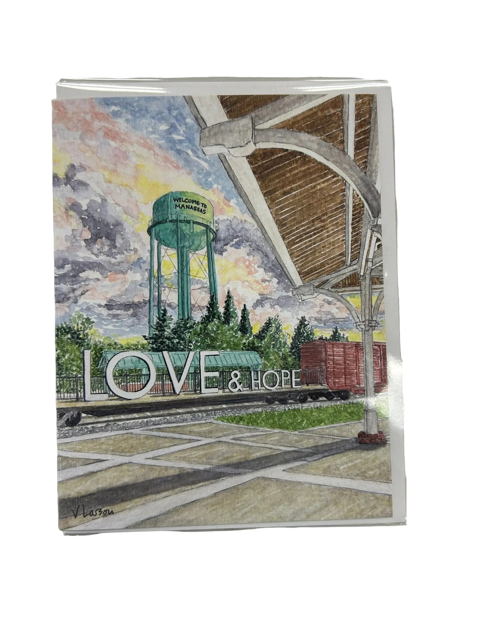 Artistic depiction of a water tower with 'LOVE & HOPE' text, framed in clear plastic.