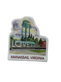 Sticker of Manassas, Virginia with a water tower and 'LOVE & HOPE' sign.