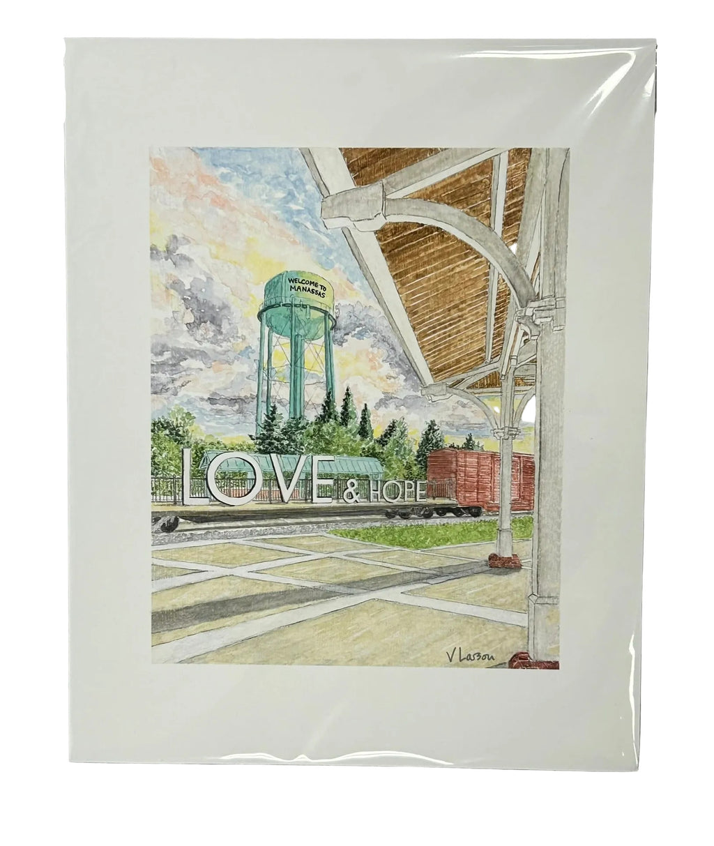 Artistic depiction of a water tower with 'Love & Hope' sign, framed on a white surface.