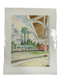 Artistic depiction of a train  with 'LOVE & HOPE' text and a water tower in the background.