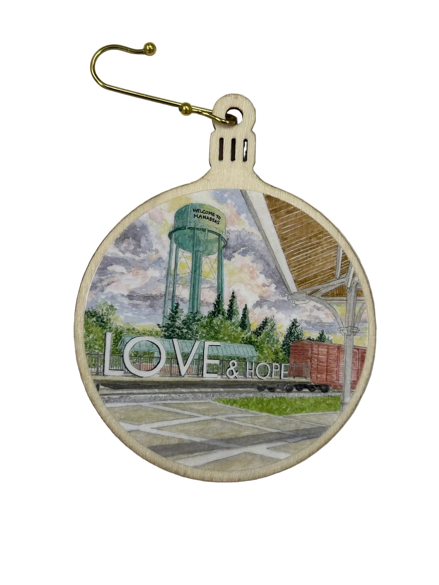  Round wooden ornament with water tower and 'LOVE & HOPE' text on a white surface