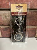 A multi-tool key ring with a Civil War emblem design, packaged in a clear plastic case with a beige background.