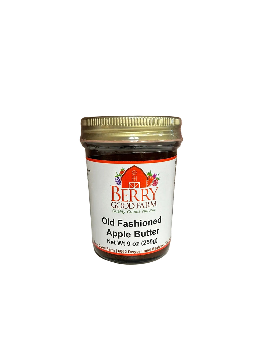 Jar of Berry Good Farm Old Fashioned Apple Butter on a white surface 