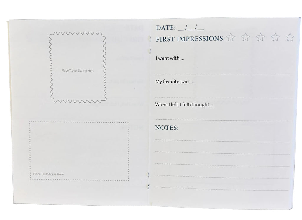 Blank review card with fields for date, first impressions, and notes on a granite surface