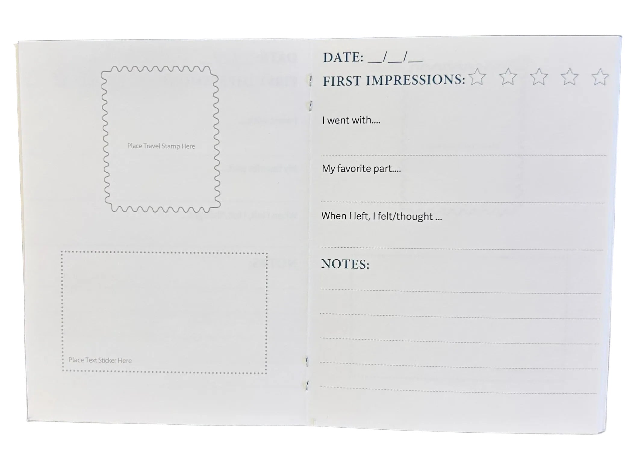 Blank review card with fields for date, first impressions, and notes on a granite surface