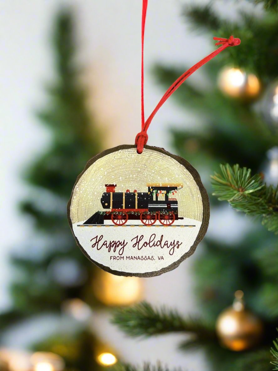 Happy Holidays Train Wood Ornament
