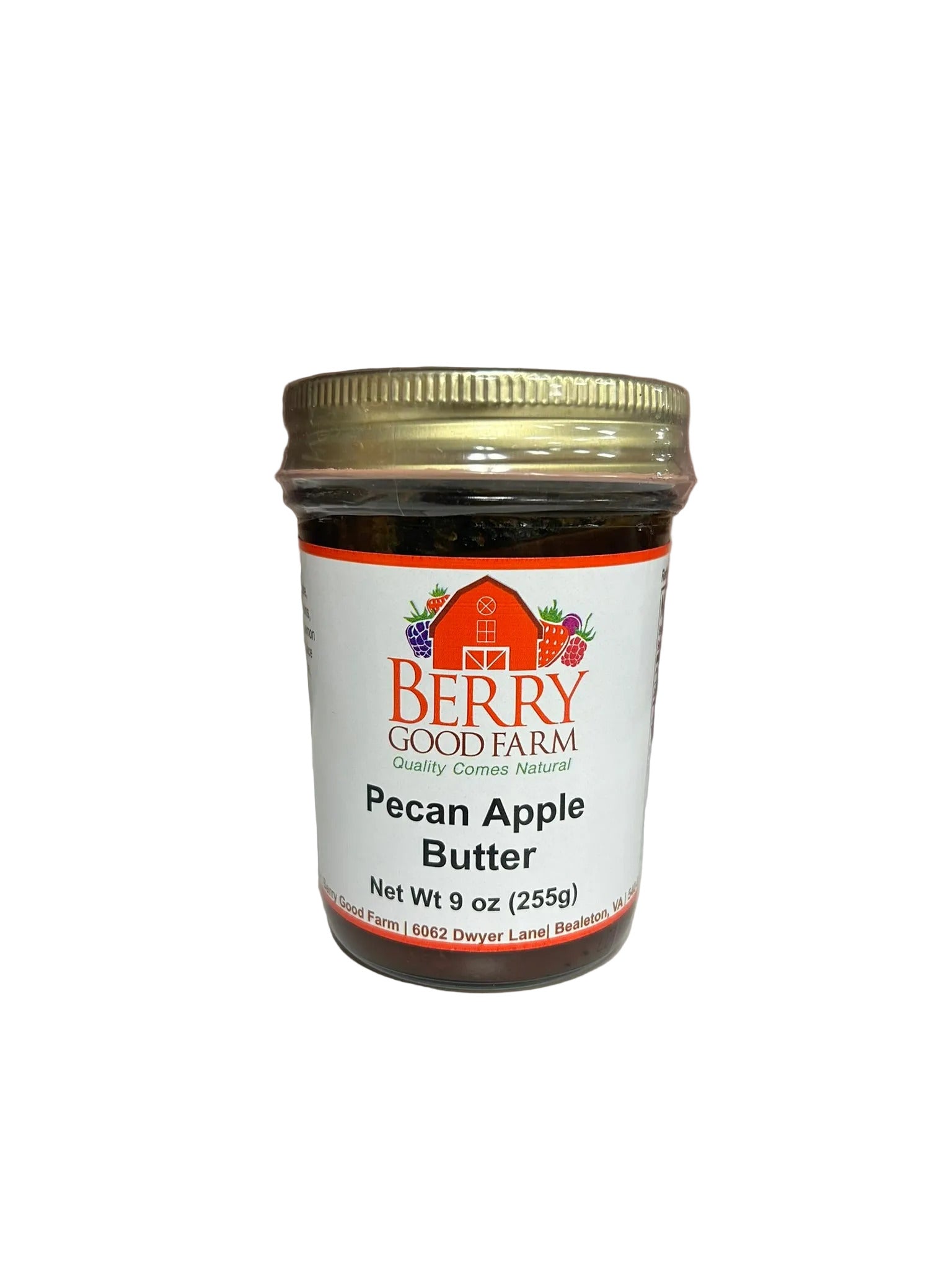Jar of Berry Good Farm Pecan Apple Butter on a white surface 