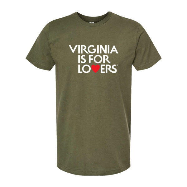 An olive green short-sleeve crewneck t-shirt featuring the text 'VIRGINIA IS FOR LOVERS' in white, with a small red heart replacing the letter 'O' in 'LOVERS'.